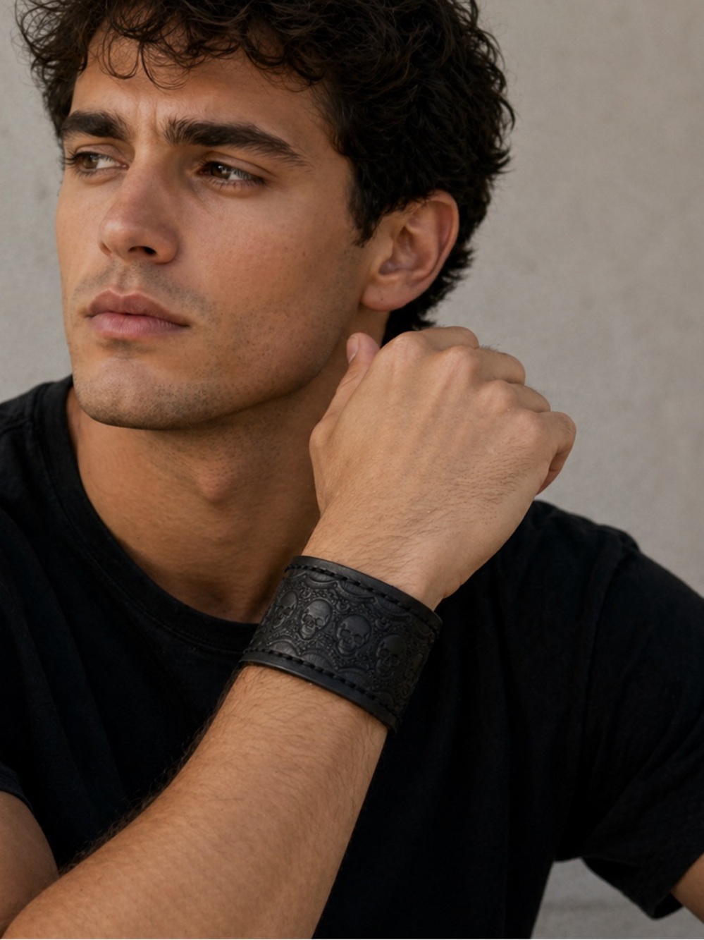 Handmade Black Leather Skull Embossed Cuff Bracelet